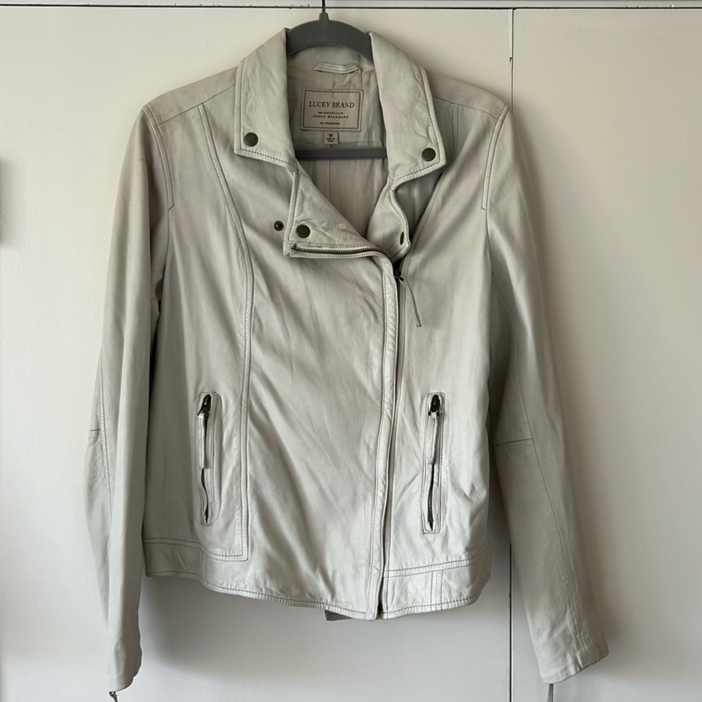 Lucky Beand cream lamb skin leather moto jacket. Size M